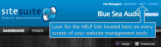 Click on the help link within SiteSuite CMS to access detailed online help documents