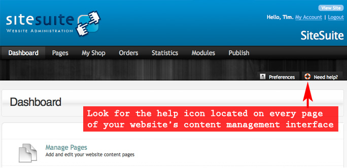 Click on the help icon within the SiteSuite CMS to access detailed online help documents